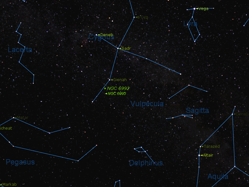 Localisation de NGC 6992 et NGC 6995